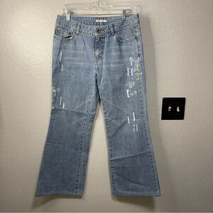 Arnaldo Bassini Women’s Distressed Floral Painted Wide Leg Jeans LARGE